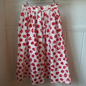 Vintage 80s Skirt 10 White Red Floral Pleated Button Up Cotton Midi Retro Lolita